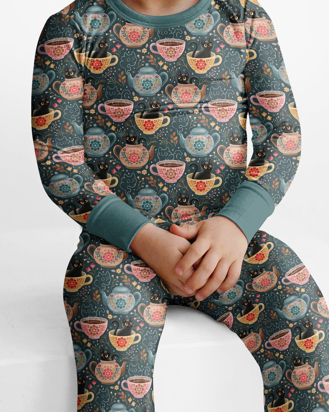 Folk Floral Black Cat Tea Party Bamboo Two Piece Long Sleeve Pajama Set