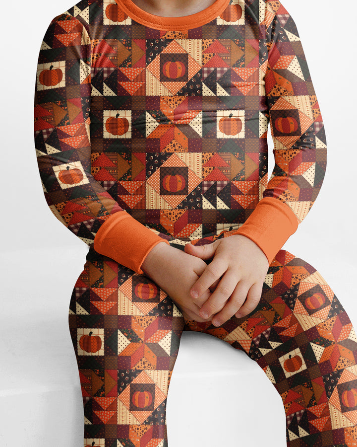 Vintage Pumpkin Patchwork Fall Bamboo Two Piece Long Sleeve Pajama Set