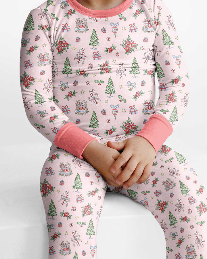 Watercolor Pink Christmas Holidays Christmas Tree Gifts Candy Cane Bamboo Two Piece Long Sleeve Pajama Set