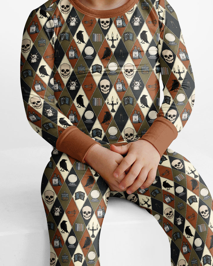 Retro Gothic Halloween Patchwork Bamboo Two Piece Long Sleeve Pajama Set