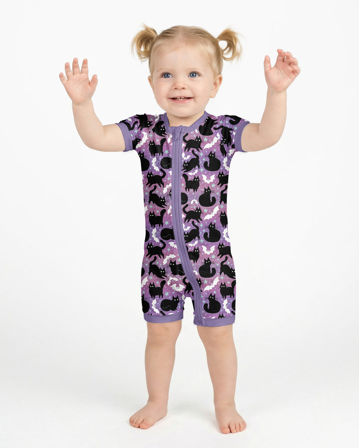 Spooky Black Cat Halloween Purple Bats Bamboo Shorty Zippy