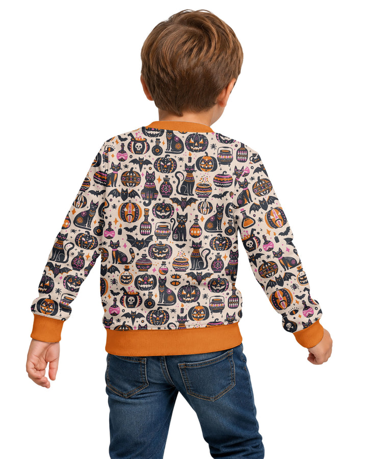 Whimsical Tribal Retro Halloween Black Cats Pumpkins Bamboo Crewneck Sweatshirt