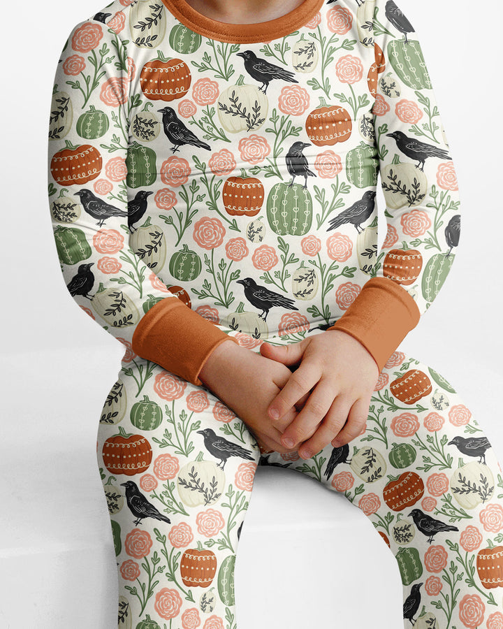 Country Crows with Mums and Pumpkins Bamboo Two Piece Long Sleeve Pajama Set