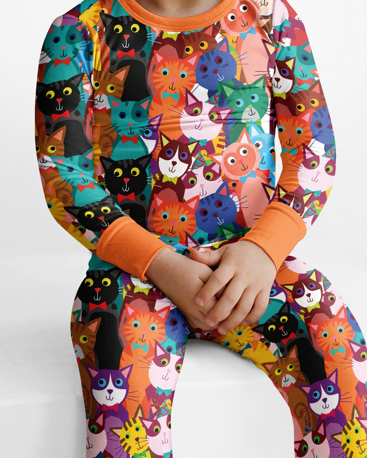 Colorful Cat Pattern Pattern Bamboo Two Piece Long Sleeve Pajama Set