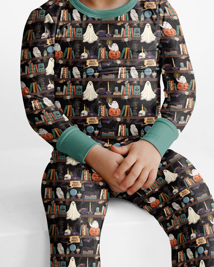 Cute Ghost Witchy Halloween Magic Library Bamboo Two Piece Long Sleeve Pajama Set