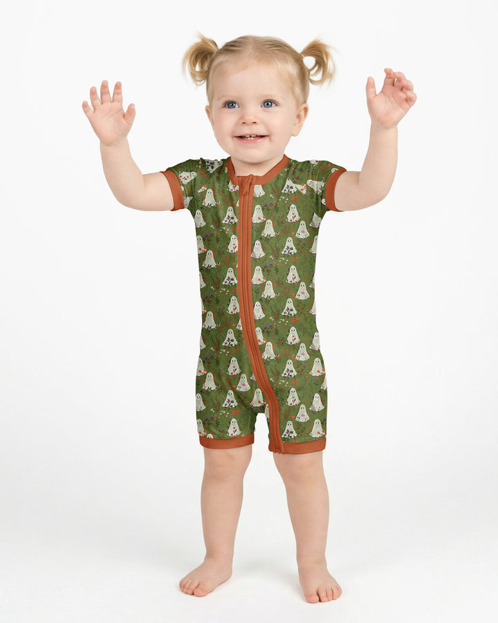 Cute Ghost Halloween Moss Green Floral Bamboo Shorty Zippy