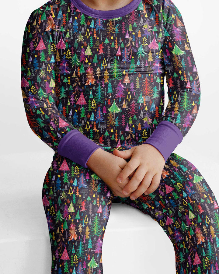 Christmas Holiday Colorful Trees Bamboo Two Piece Long Sleeve Pajama Set
