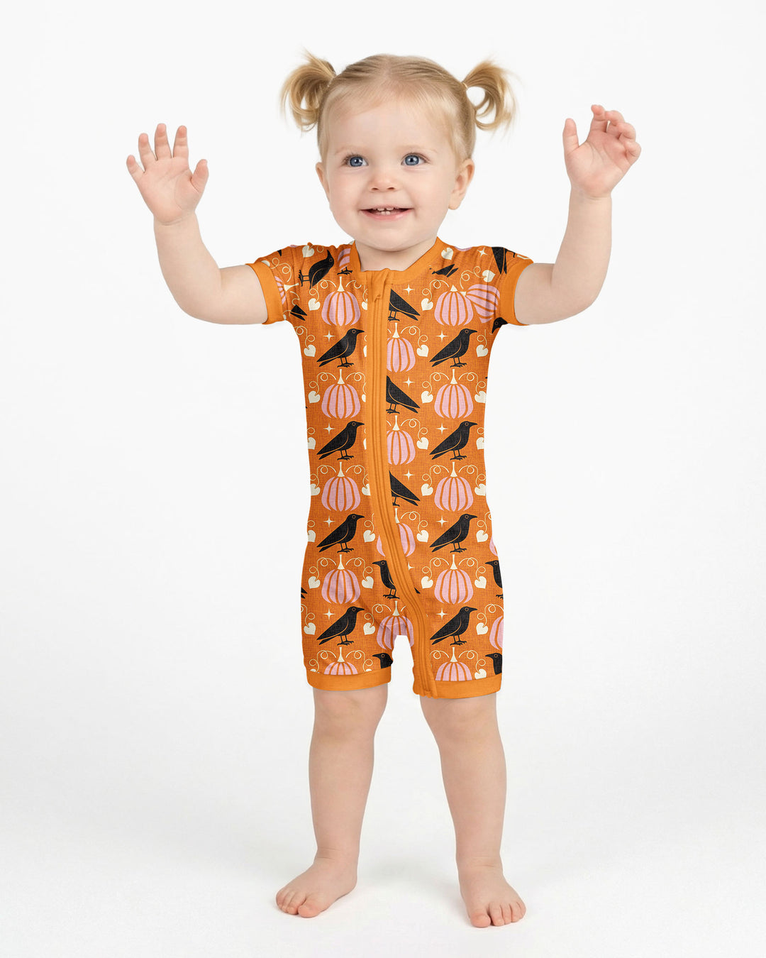 Ravens in a Pumpkin Patch - Orange Pink Bamboo Shorty Zippy