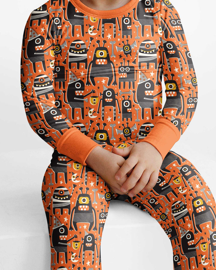 Mid Century Halloween Monster Toss Bamboo Two Piece Long Sleeve Pajama Set