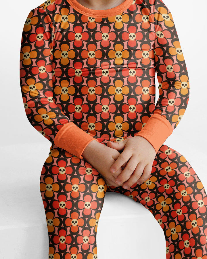 Retro Skull Flower Halloween Bamboo Two Piece Long Sleeve Pajama Set