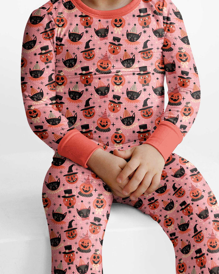 Retro Halloween Cats and Funny Pumpkins Bamboo Two Piece Long Sleeve Pajama Set
