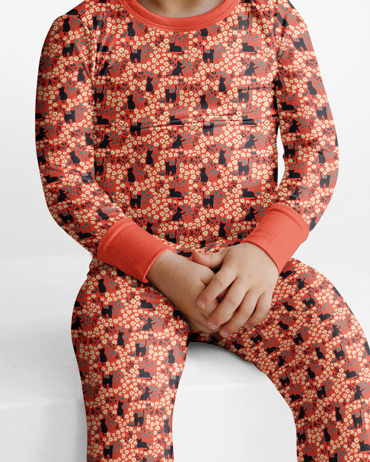 Black Cat Ditsy Bamboo Two Piece Long Sleeve Pajama Set