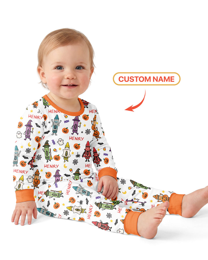 Custom Name Halloween Crayon Bamboo Two Piece Long Sleeve Pajama Set