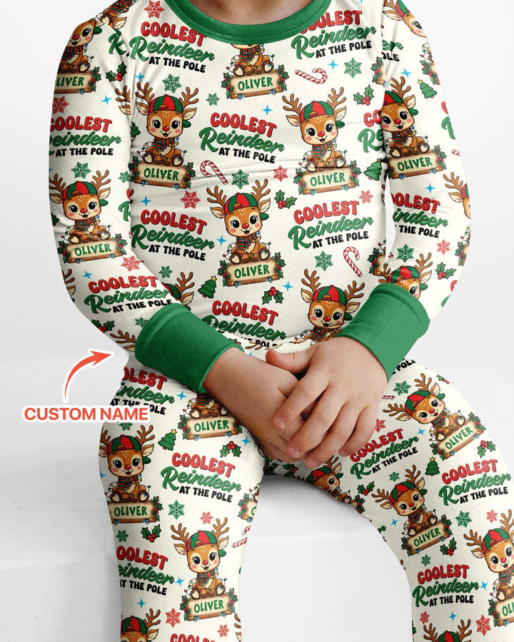 Custom Name Coolest Reindeer At The Pole Bamboo Two Piece Long Sleeve Pajama Set
