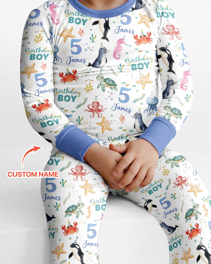 Birthday Under The Sea Custom Name & Age Bamboo Two Piece Long Sleeve Pajama Set