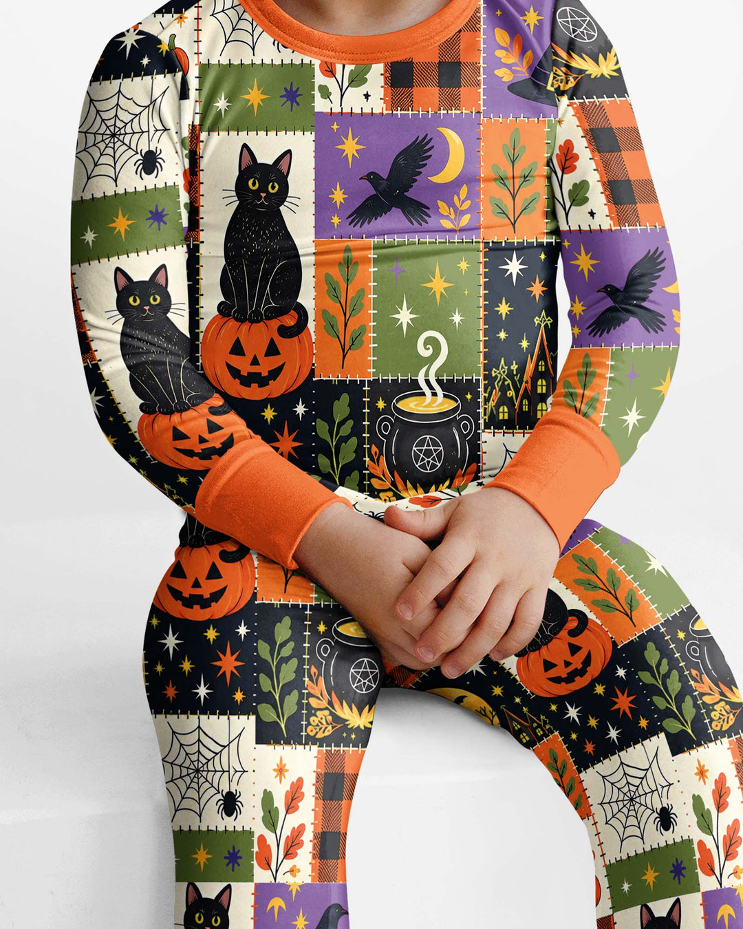 Halloween Black Cat Patchwork Bamboo Two Piece Long Sleeve Pajama Set