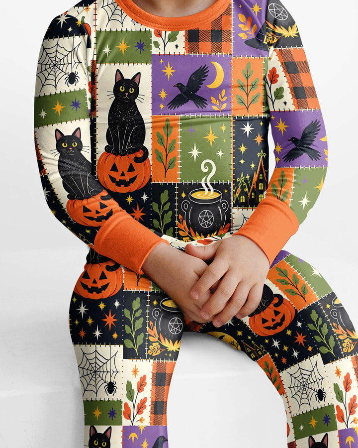 Halloween Black Cat Patchwork Bamboo Two Piece Long Sleeve Pajama Set