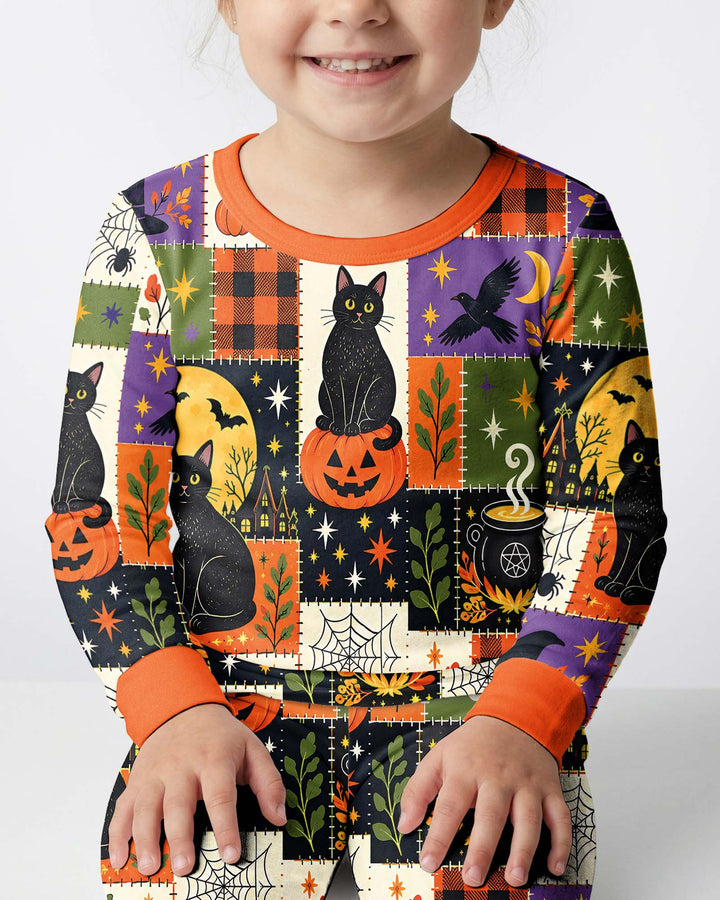 Halloween Black Cat Patchwork Bamboo Two Piece Long Sleeve Pajama Set