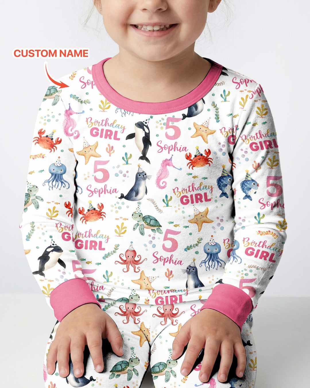 Birthday Under The Sea Custom Name & Age Bamboo Two Piece Long Sleeve Pajama Set