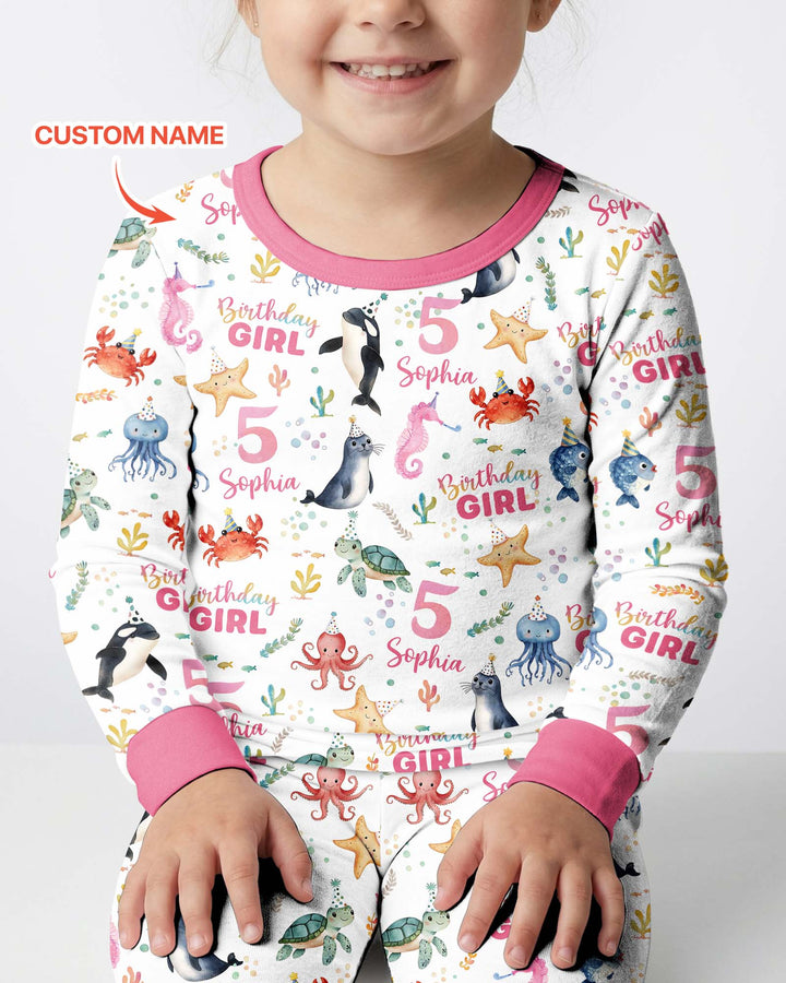 Birthday Under The Sea Custom Name & Age Bamboo Two Piece Long Sleeve Pajama Set