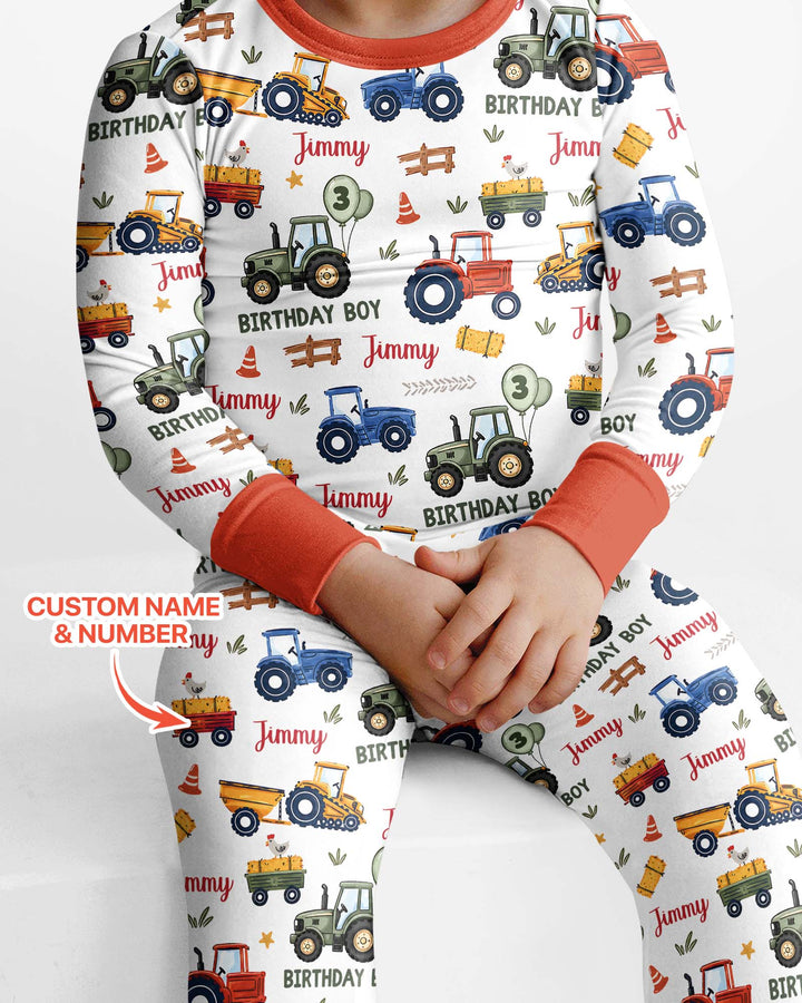 Custom Name and Age Tractor Birthday Boy Bamboo Two Piece Long Sleeve Pajama Set