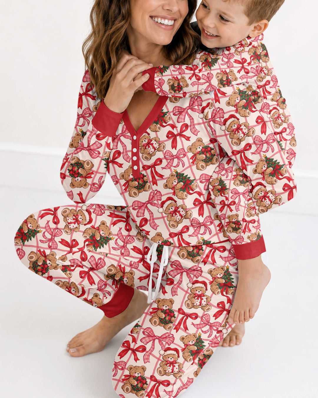 Pink Christmas Teddy Bear Plaid Mommy & Me Matching Bamboo Women Pajama Set