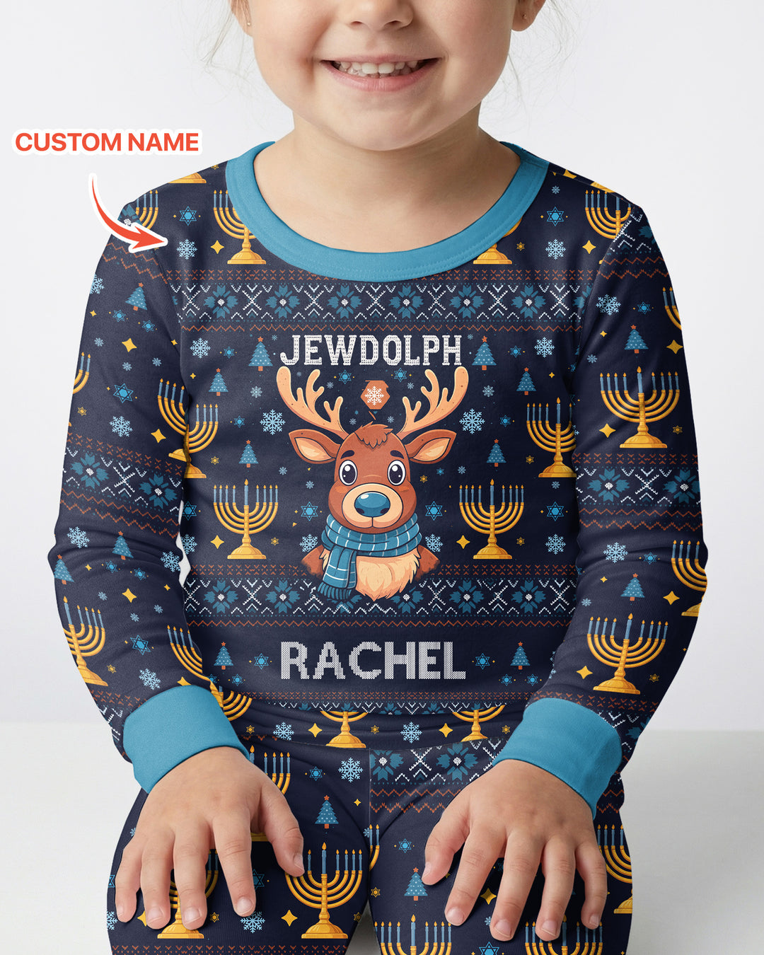 Custom Name Jewdolph Hanukkah Bamboo Two Piece Long Sleeve Pajama Set