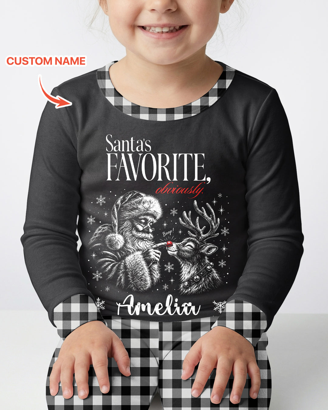 Custom Name Santa's Favorite Buffalo Plaid Bamboo Two Piece Long Sleeve Pajama Set