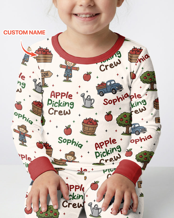 Custom Name Apple Picking Crew Bamboo Two Piece Long Sleeve Pajama Set