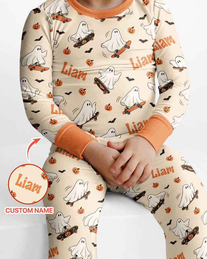 Skateboarding Ghost Halloween Bamboo Two Piece Long Sleeve Pajama Set
