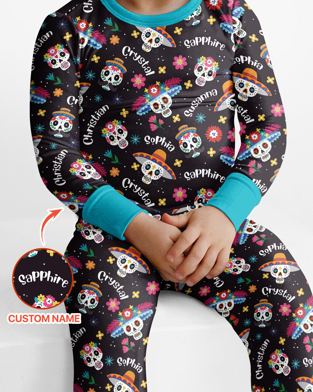 Custom Name Dia De Los Muertos Bamboo Two Piece Long Sleeve Pajama Set