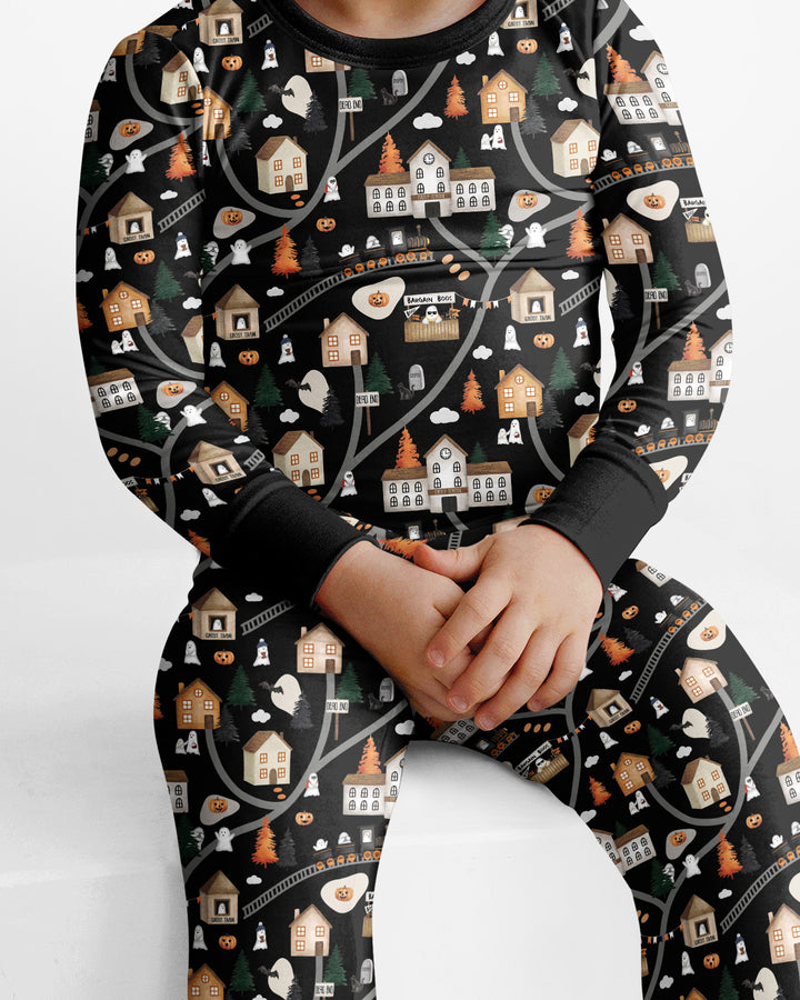 Haunted Halloween Town Map Bamboo Two Piece Long Sleeve Pajama Set