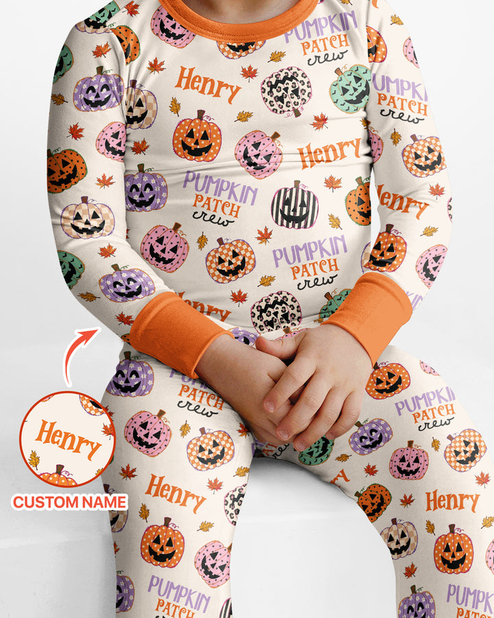 Custom Name Pumpkin Patch Crew Bamboo Two Piece Long Sleeve Pajama Set