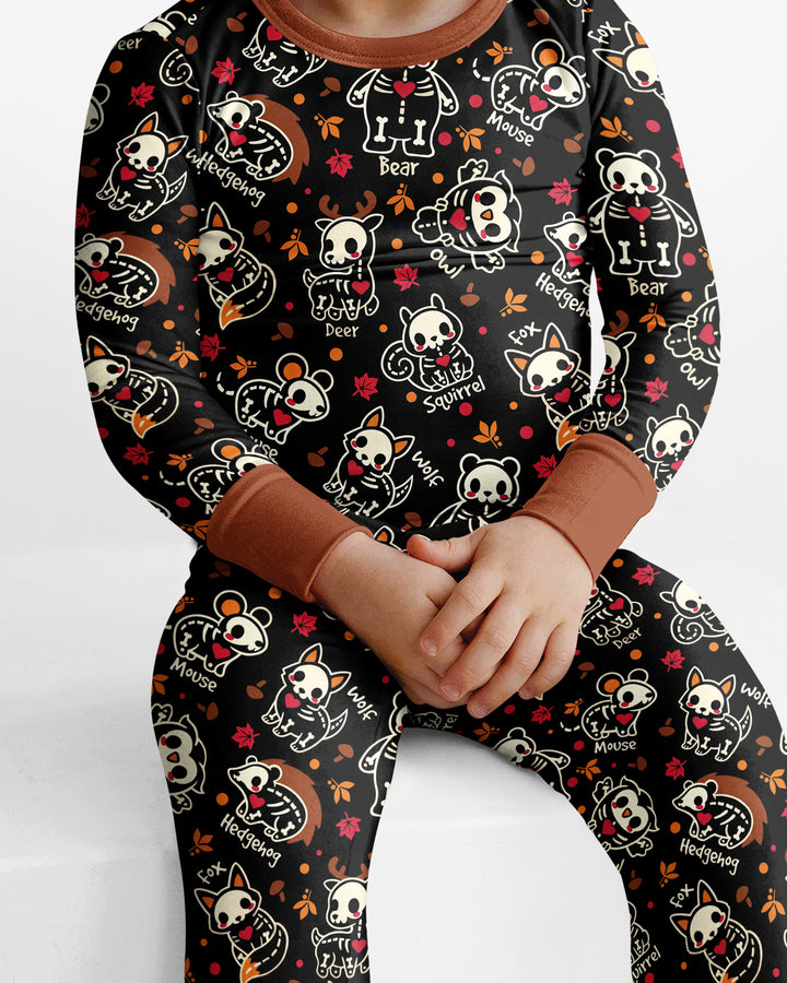 Kawaii Skeleton Woodland Animals Bamboo Two Piece Long Sleeve Pajama Set
