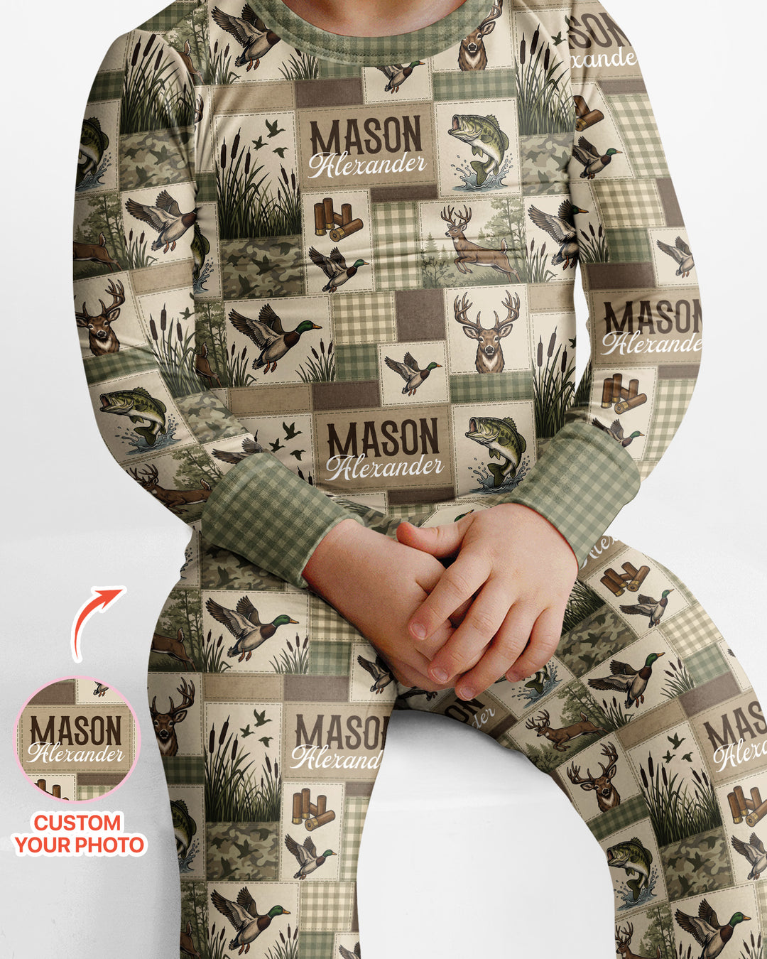 Personalized Hunting Patchwork Bamboo Two Piece Long Sleeve Pajama Set