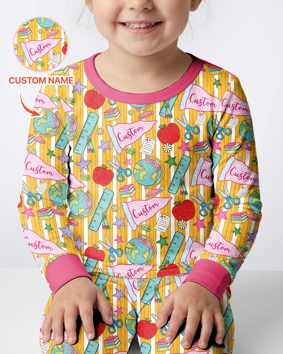 Custom Back To School Pennant Bamboo Two Piece Long Sleeve Pajama Set