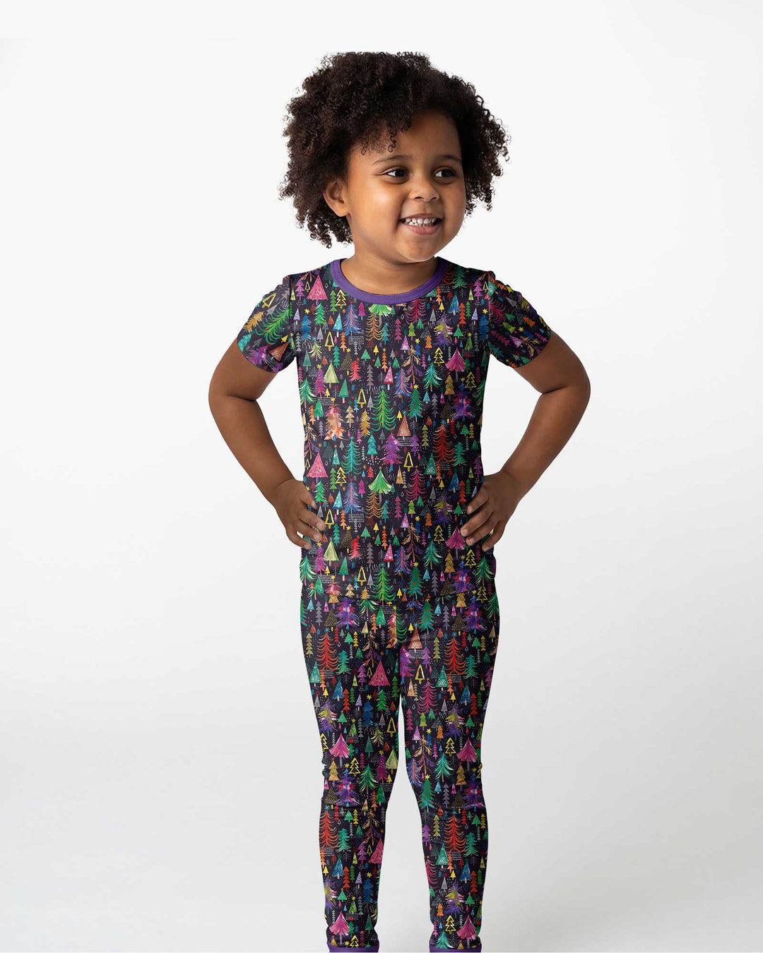 Christmas Holiday Colorful Trees Bamboo Two Piece Short Sleeve Pajama Set