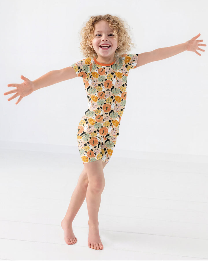 Floral Pumpkin Ghost Halloween Bamboo Two Piece Short Sleeve Shorts Pajama Set