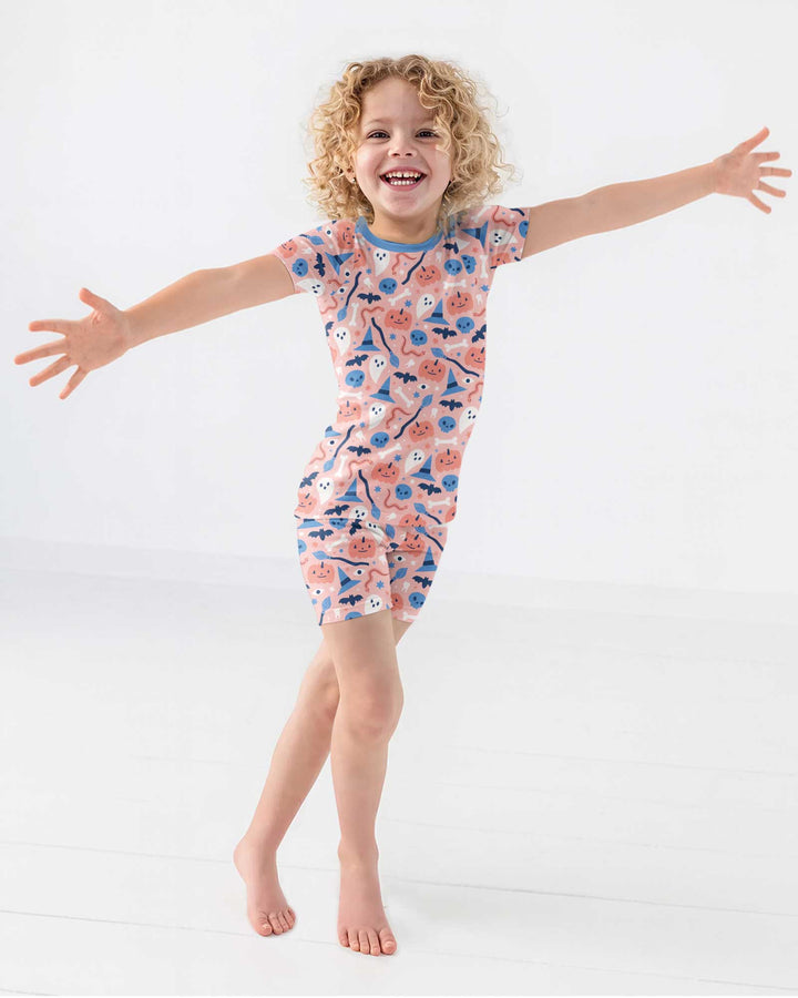 Pastel Pumpkins Skulls And Witch Craft Bamboo Two Piece Short Sleeve Shorts Pajama Set