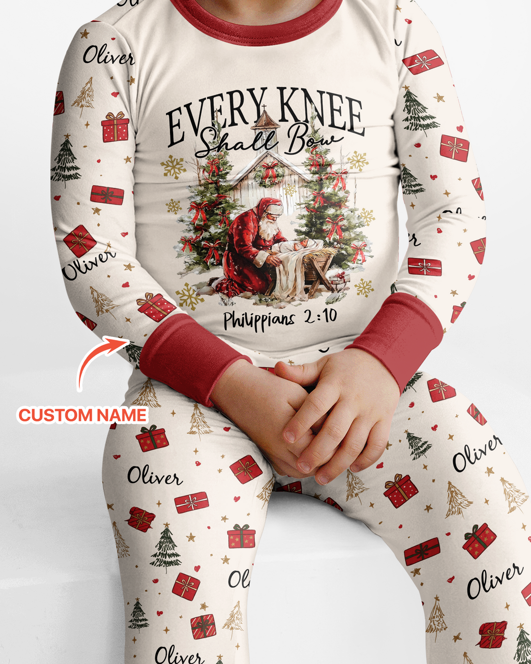 Every Knee Shall Bow Custom Name Mommy And Me Matching Bamboo Two Piece Long Sleeve Pajama Set