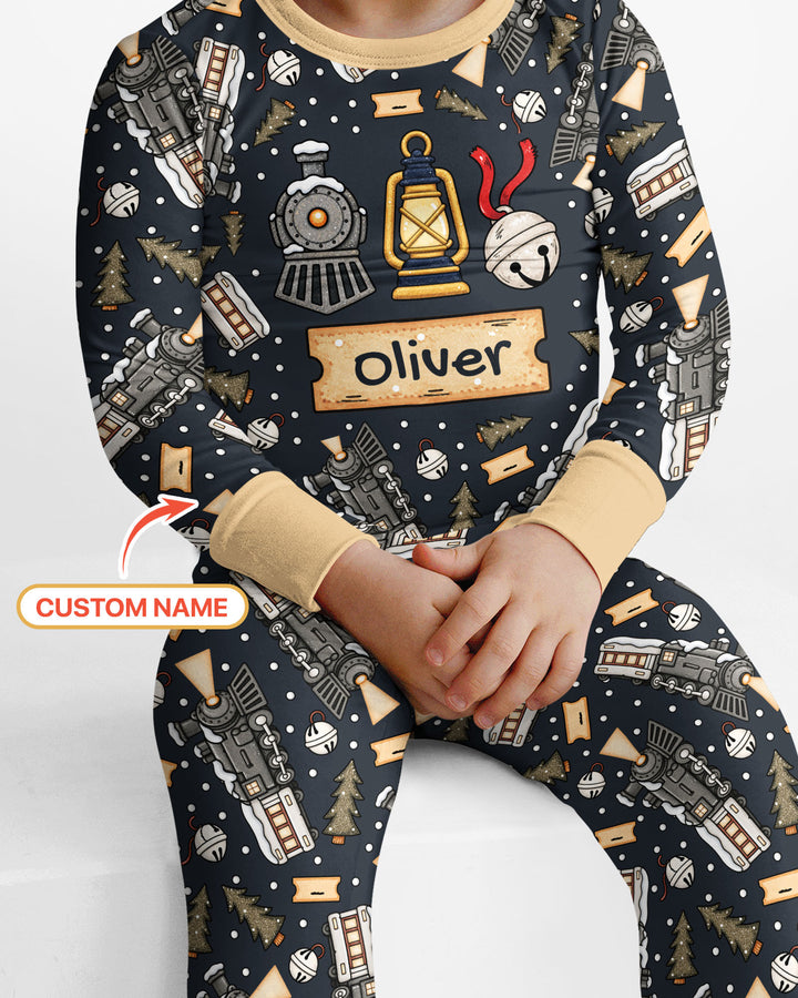 Custom Name Believe Kid Train Bamboo Two Piece Long Sleeve Pajama Set