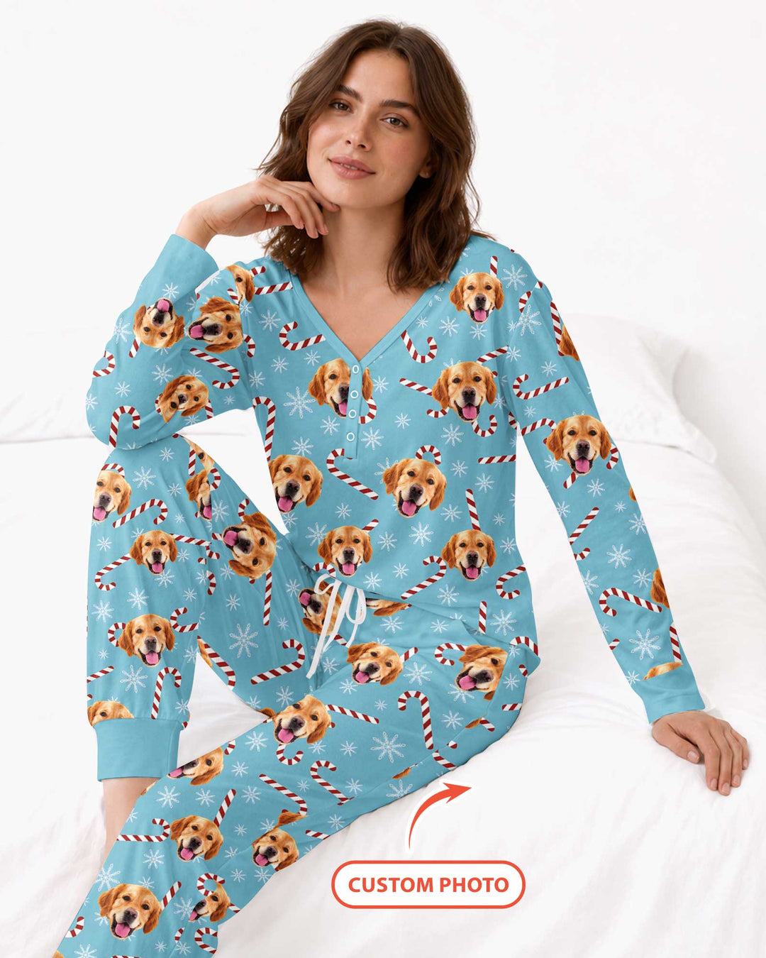 Custom Photo With Christmas Pattern Pajamas Bamboo Women Pajama Set