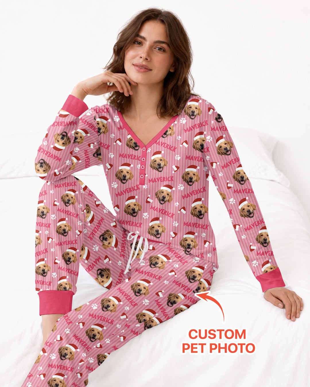 Custom Pet Photo Christmas Paws Stripe Bamboo Women Pajama Set