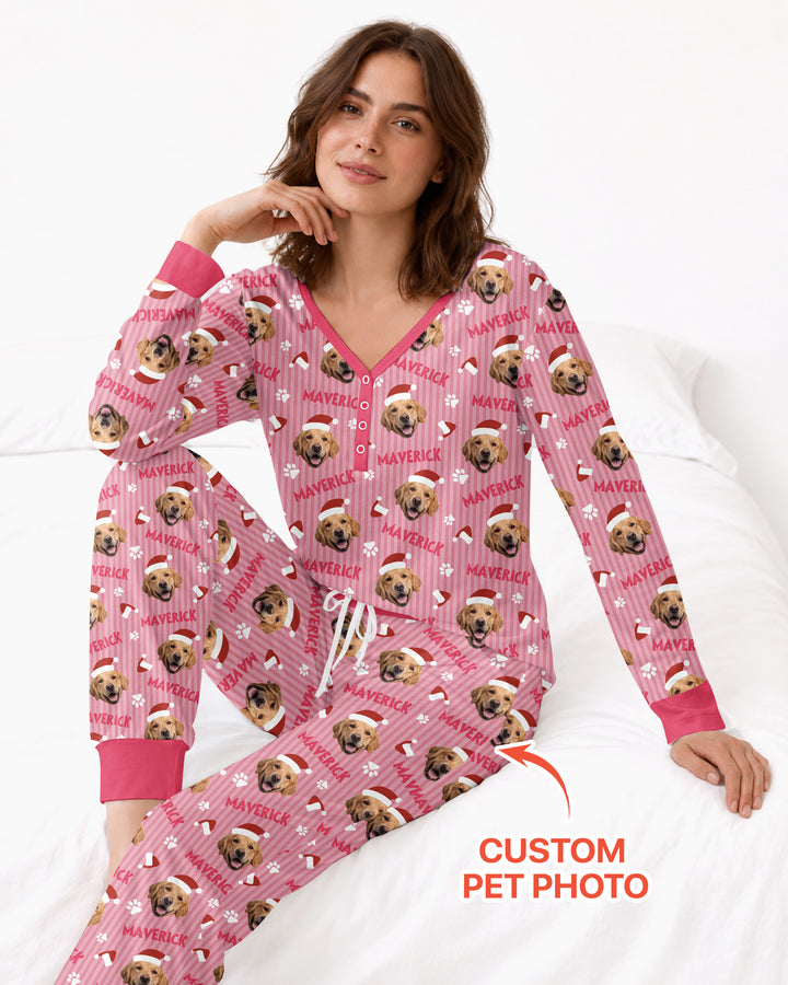 Custom Pet Photo Christmas Paws Stripe Bamboo Women Pajama Set