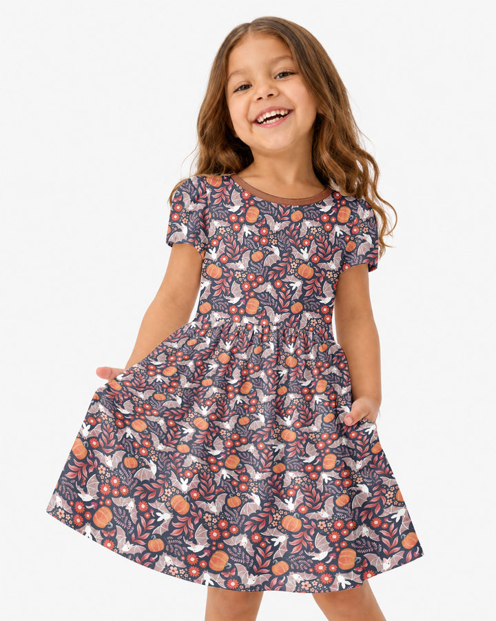 Bat Pumpkin Floral Halloween Bamboo Twirl Dress