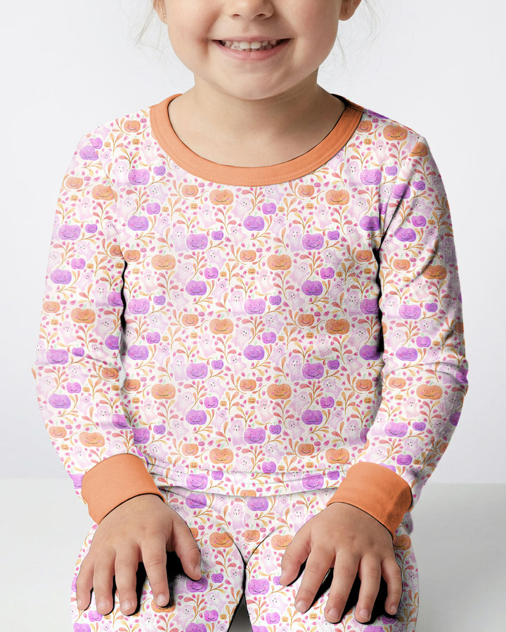 Pastel Pumpkins and Ghosts Bamboo Two Piece Long Sleeve Pajama Set