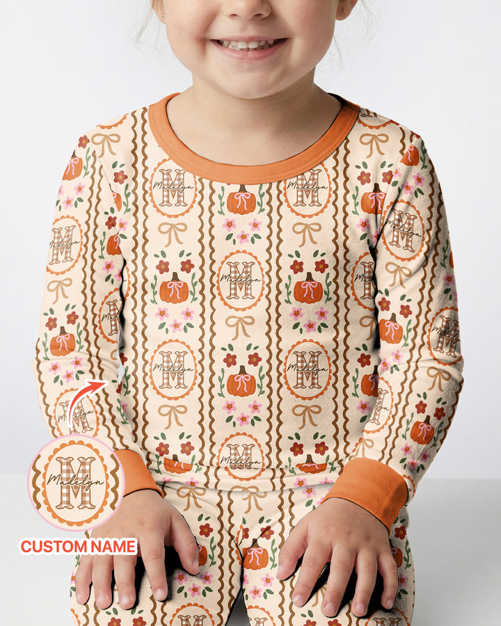 Custom Name Pumpkin Cottage Bamboo Two Piece Long Sleeve Pajama Set