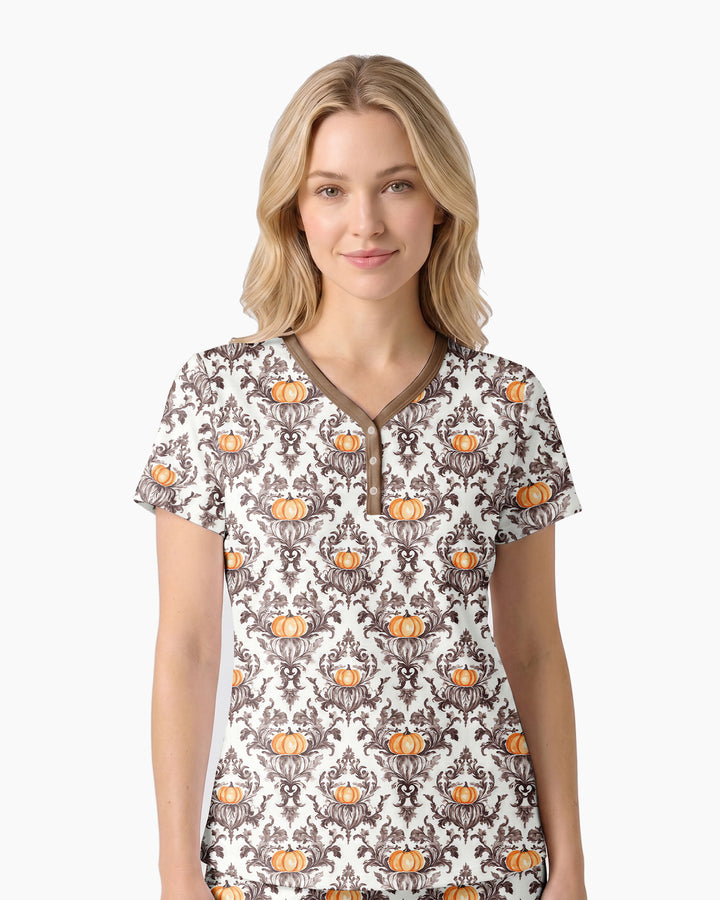 Pumpkin Toile Family Matching Bamboo Women Short Sleeve Short Pajama Set