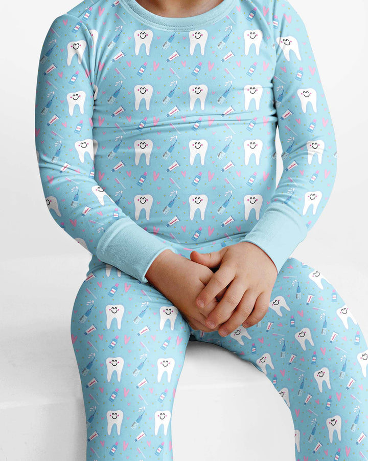 Brushing Teeth Blue Bamboo Two Piece Long Sleeve Pajama Set
