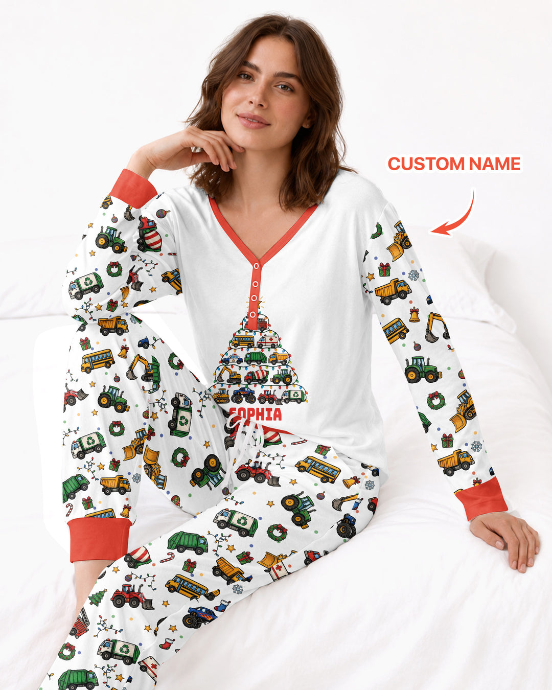 Custom Name Little Trucks Christmas Tree Bamboo Women Pajama Set